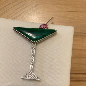 Elegant Green and Silver Cocktail Glass Brooch with a Cherry on Top